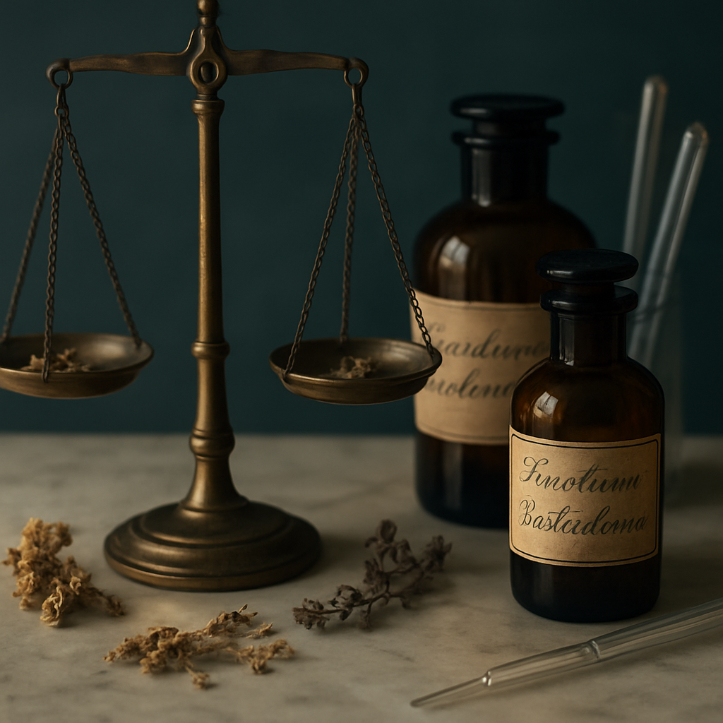 Antike Apothekergeräte und Tinkturen auf Marmor
