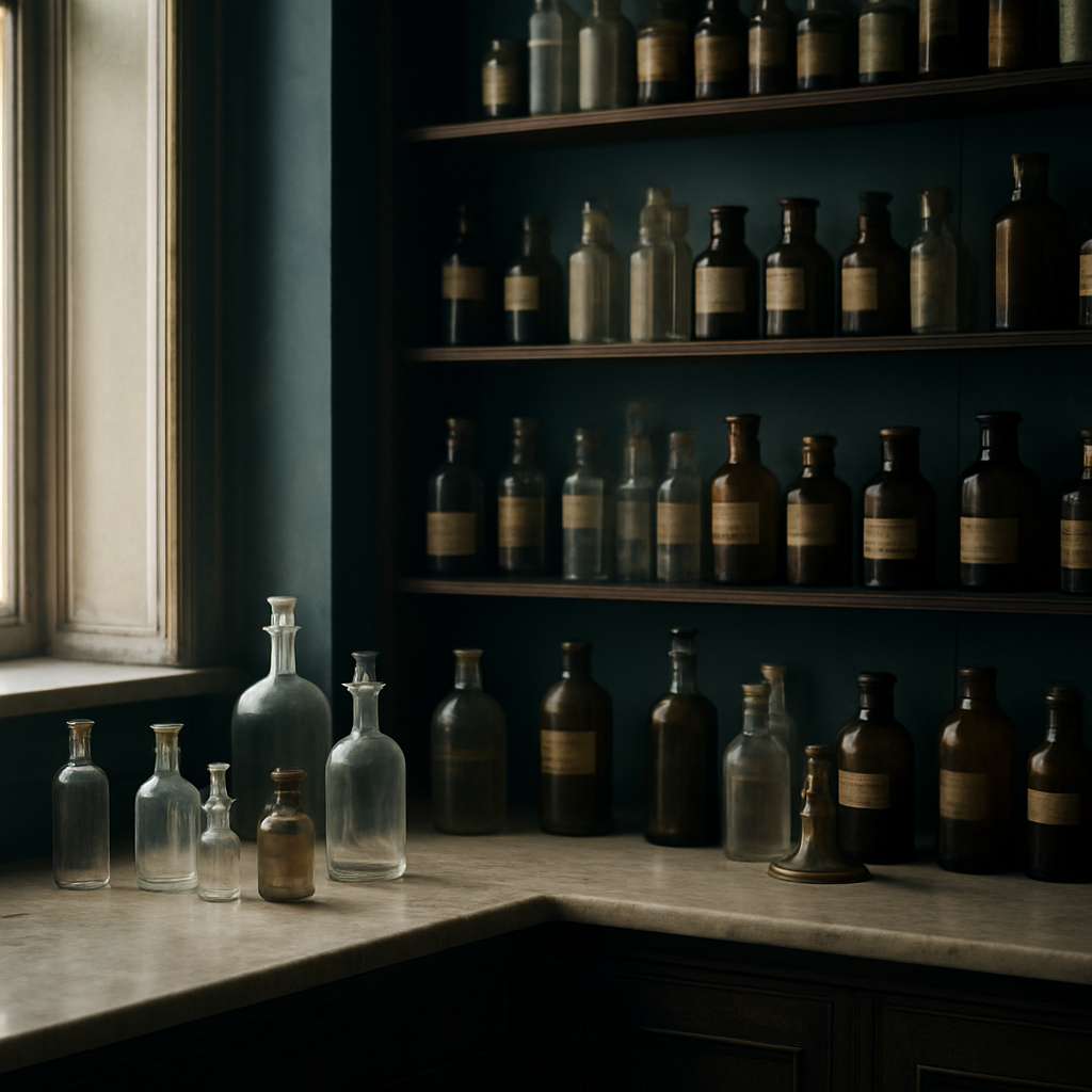 Historisches Laboratorium des Sanatoriums mit Glasgefäßen und gedämpftem Licht