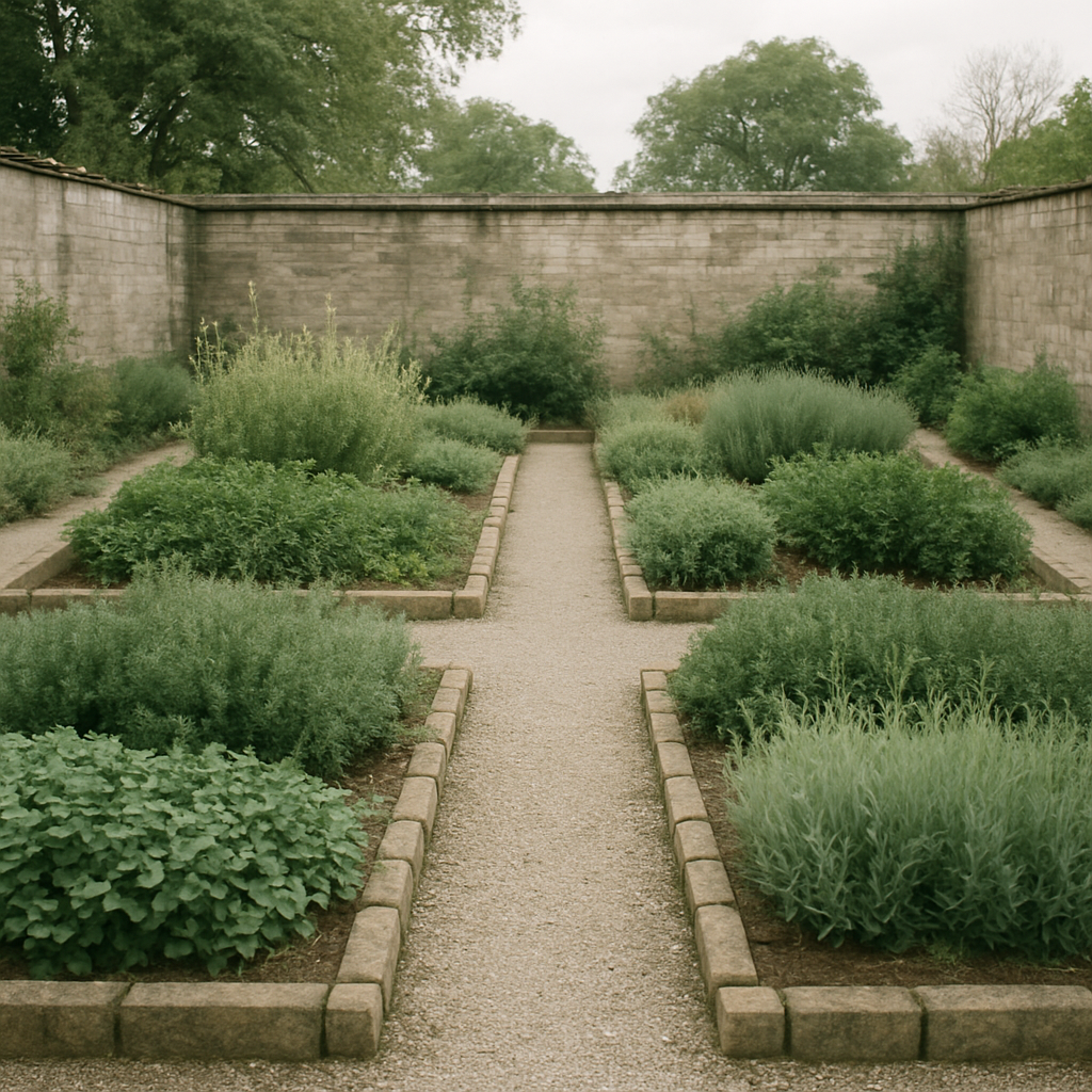 Ummauerter Arzneigarten mit Heilpflanzenbeeten