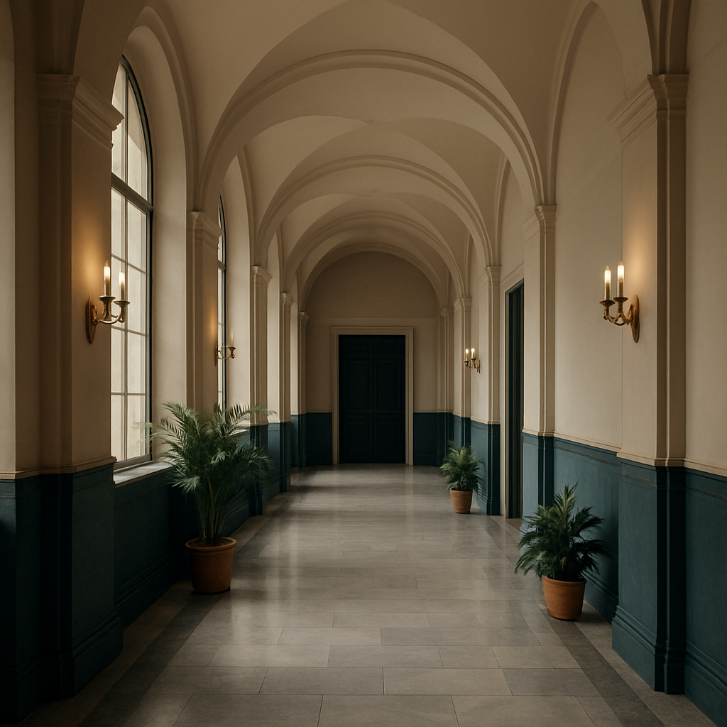 Restaurierte Halle mit Bogenfenstern und Marmorboden