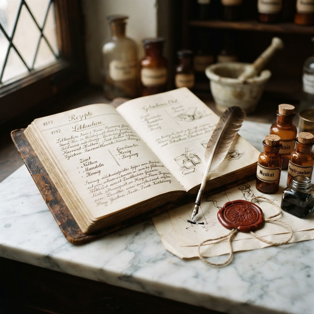 Aufgeschlagenes Rezepturbuch mit handschriftlichen Einträgen