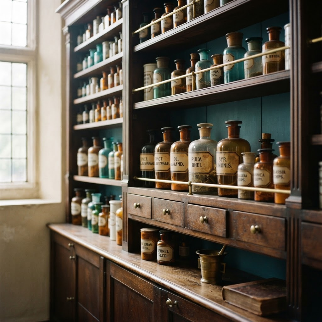 Hohe Apothekerregale voller etikettierter Glasflaschen