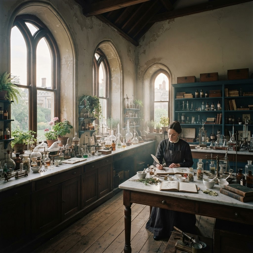 Weiter Blick in den Laborsaal mit hohen Bogenfenstern und Marmorbänken